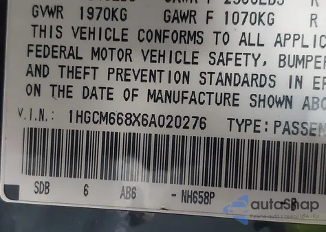 2006 Honda Accord 3.0 Ex из США, поврежденный, VIN 1HGCM668X6A020276